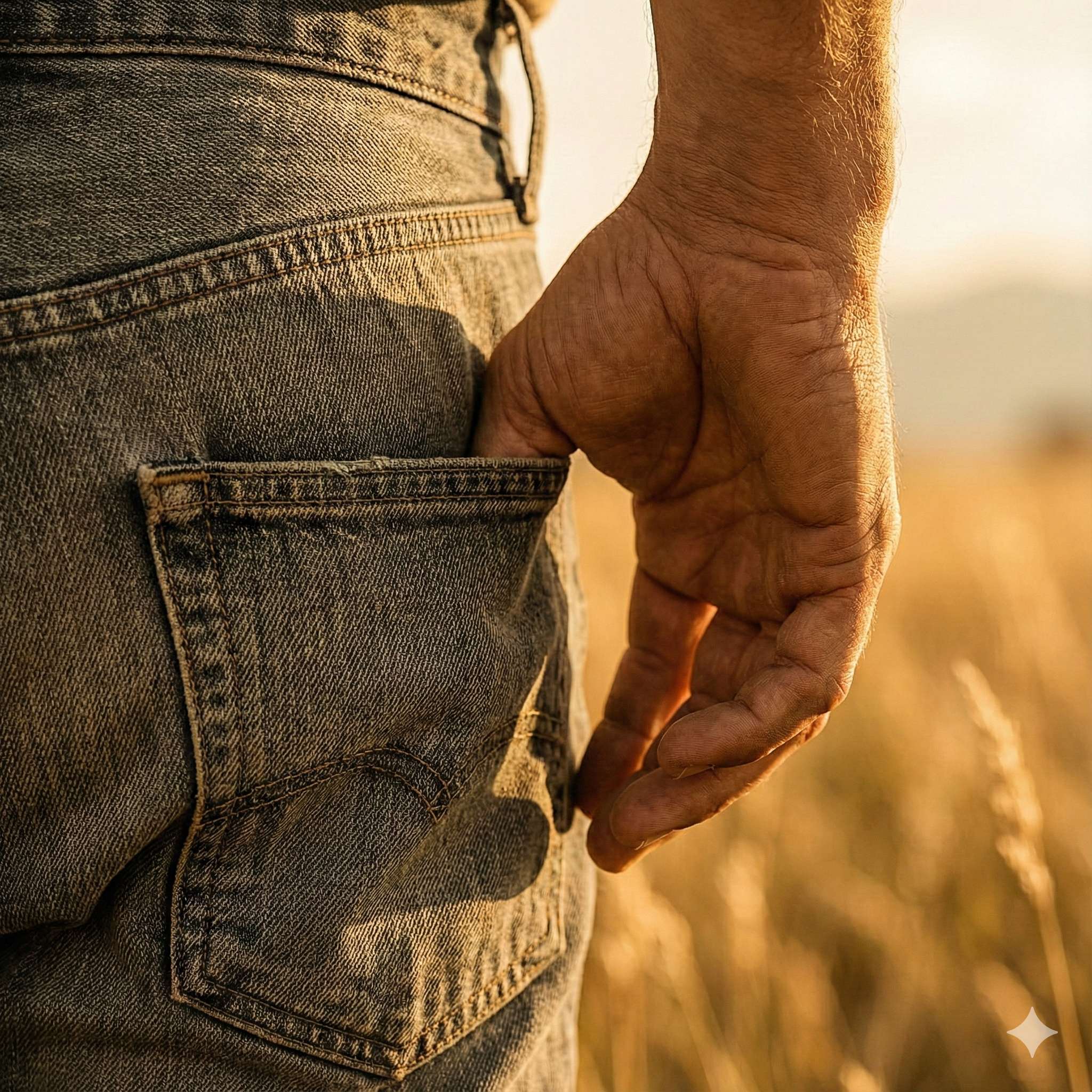 Hand resting at denim jeans pocket in warm golden light
