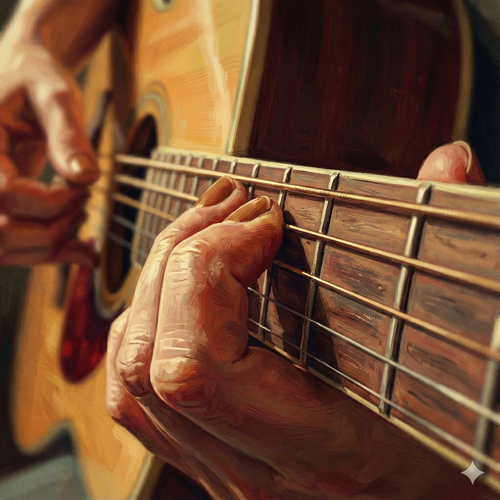 Close-up of hands playing guitar, fingers pressing strings on fretboard