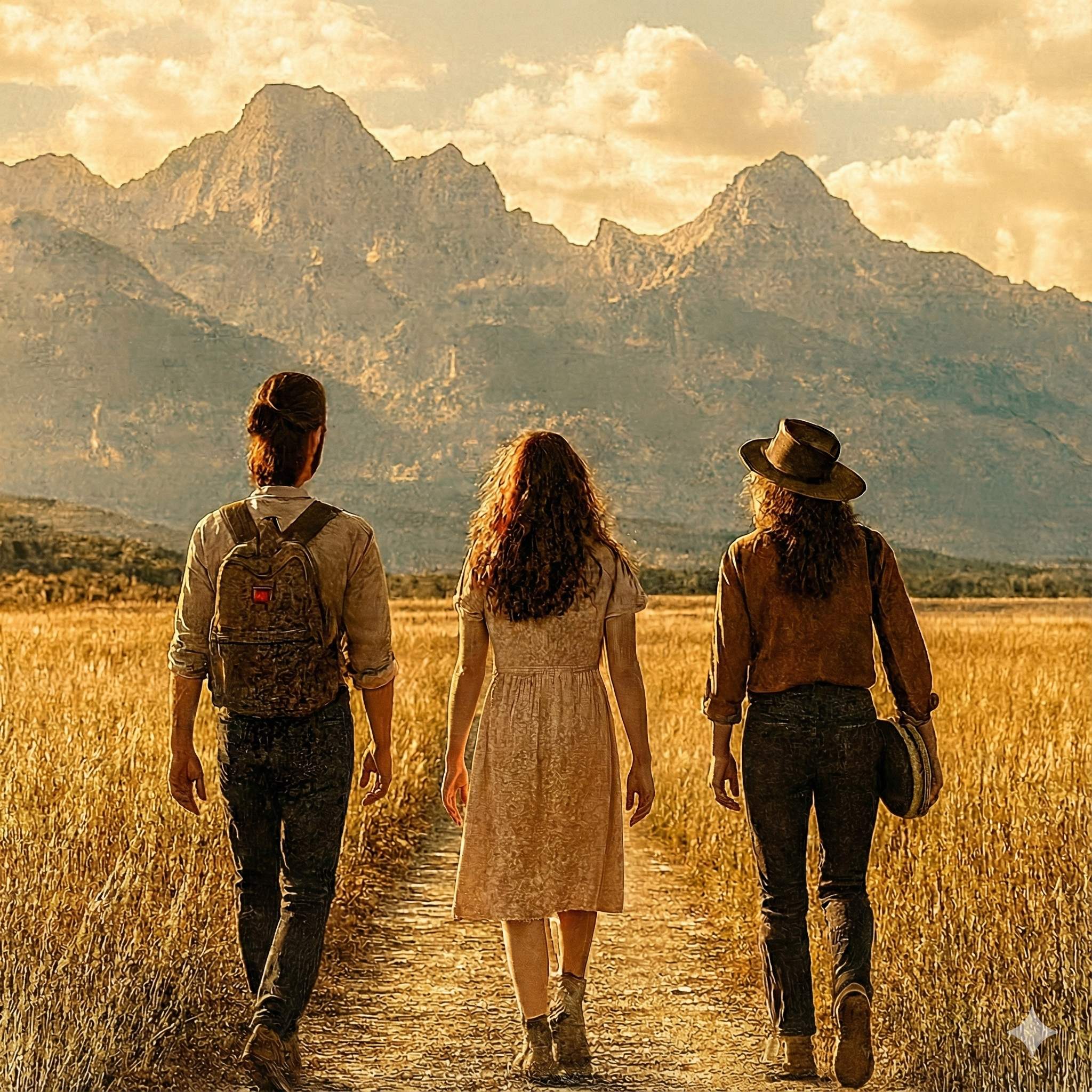 Three people walking through golden wheat field toward mountains at sunset
