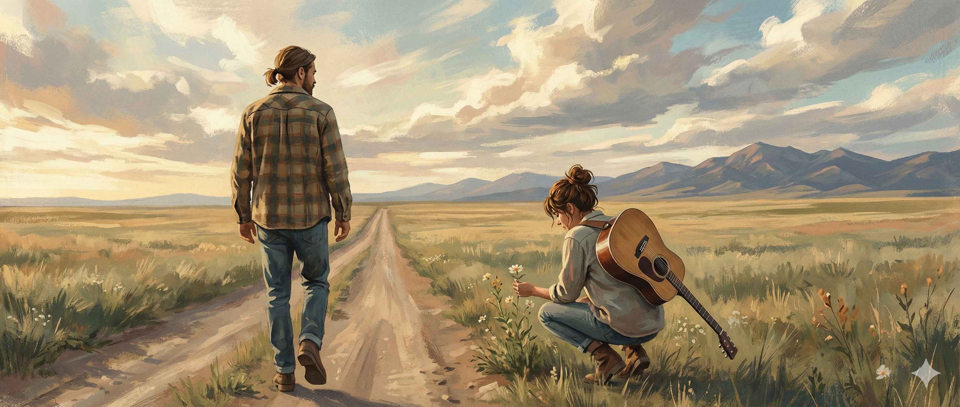 Painted scene of two people on a prairie road with guitar and wildflowers